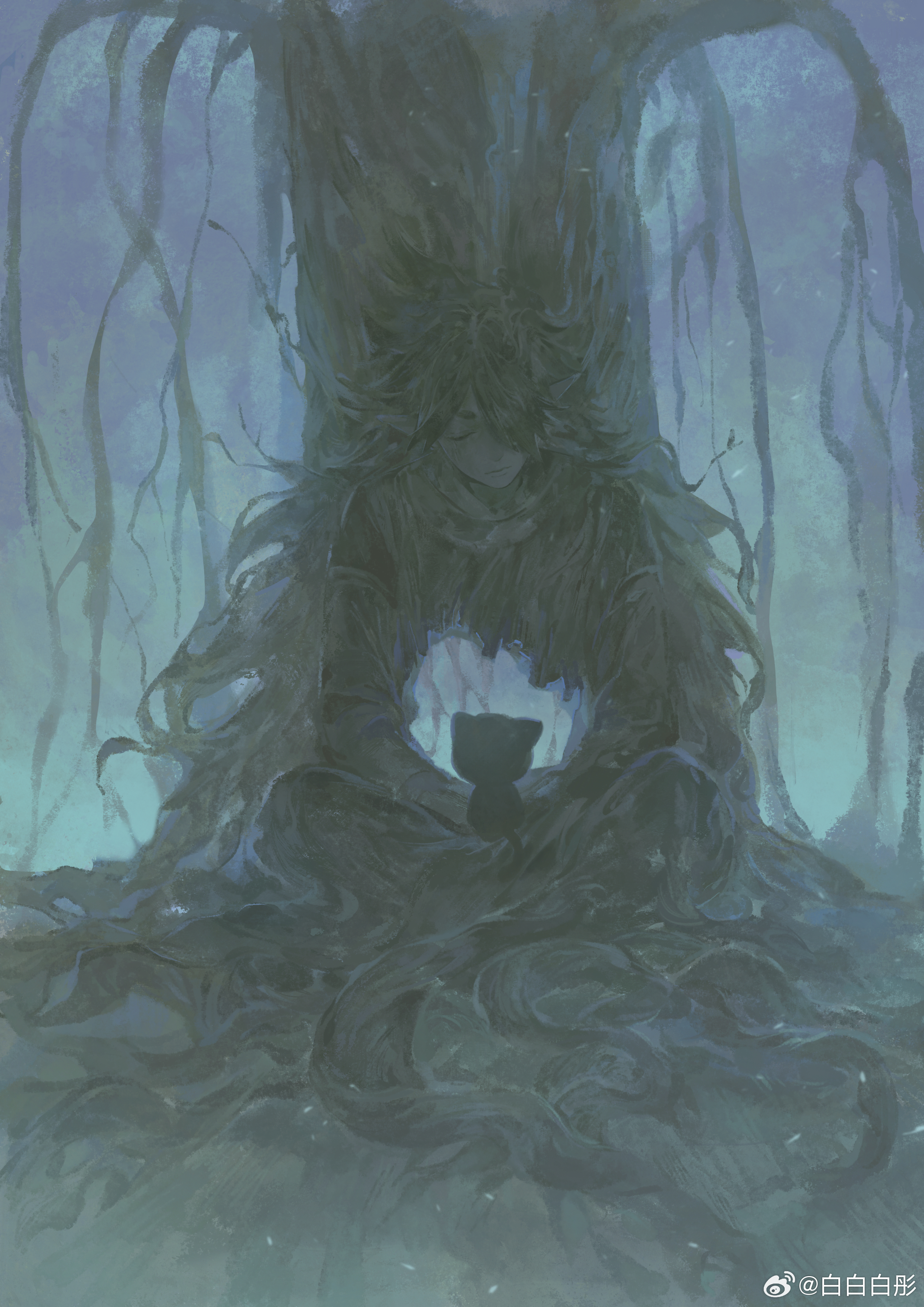 fengxi (the legend of luoxiaohei), luo xiaohei, luo xiaohei (cat), luo xiaohei zhanji, absurdres, highres, 2boys, black cat, cat, closed eyes, hole, multiple boys, plant roots, pointy ears, sitting, tree, weibo 2871627840