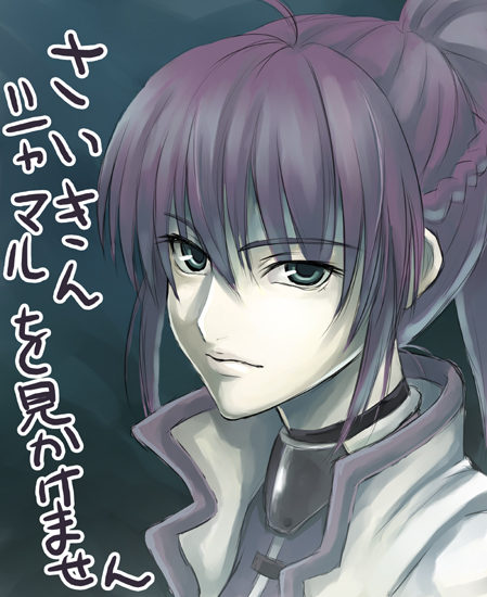 nakayama yukiji, signum, lyrical nanoha, mahou shoujo lyrical nanoha, mahou shoujo lyrical nanoha a's, mahou shoujo lyrical nanoha strikers, 00s, 1girl, female focus, jacket, magical girl, open clothes, open jacket, ponytail, purple hair, solo, worried