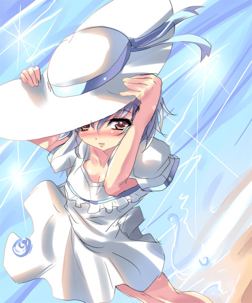 shiranagi, nagato yuki, suzumiya haruhi no yuuutsu, 00s, 1girl, alternate costume, arms up, beach, blue ribbon, blush, day, dress, female focus, frills, from above, hand on headwear, hat, hat ribbon, lens flare, ocean, purple hair, ribbon, short hair, short sleeves, solo, sun hat, sundress, white dress, white hat, wind, yellow eyes