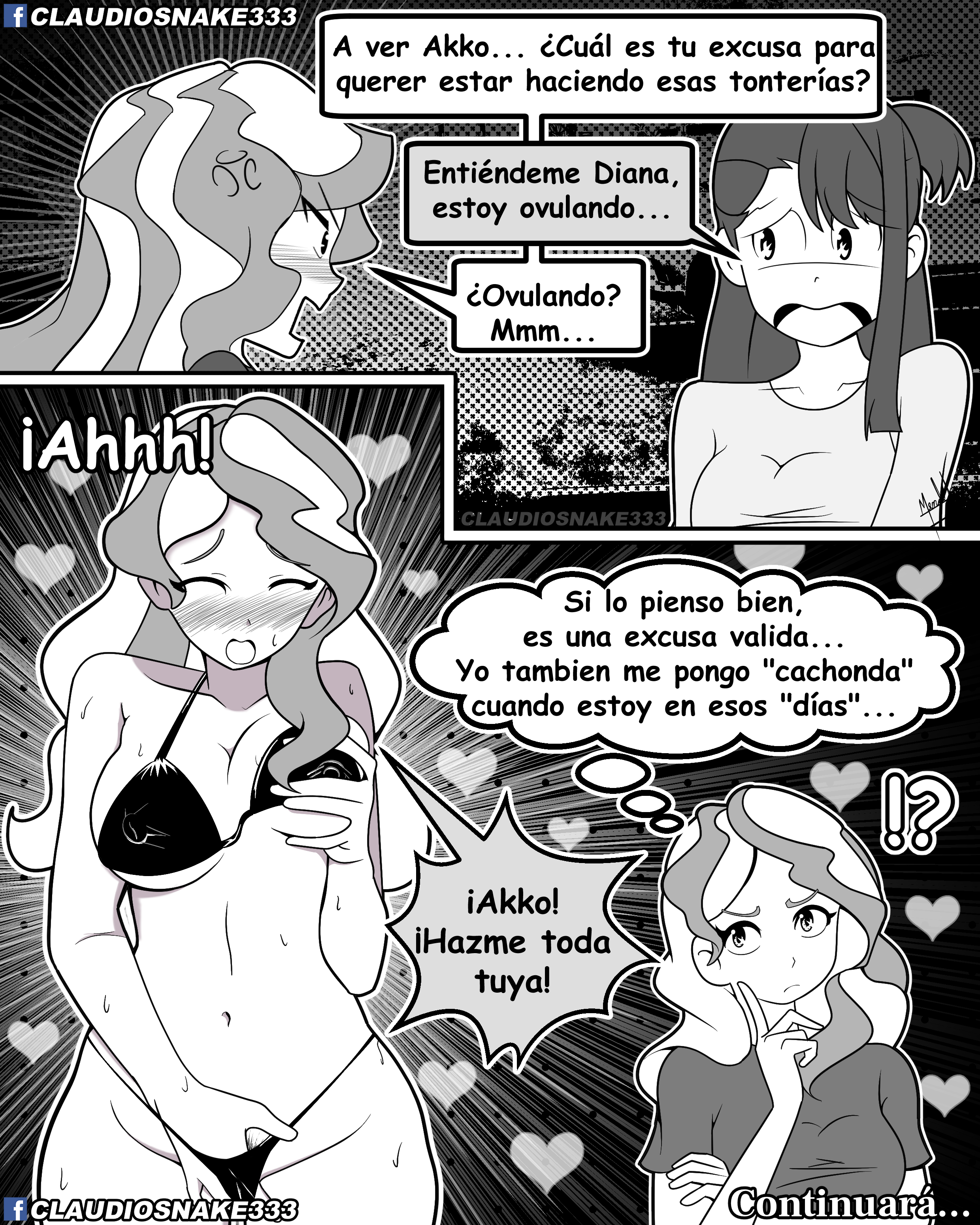 diana cavendish, kagari atsuko, little witch academia, absurdres, highres, 2girls, anger vein, bikini, black bikini, blush, breasts, claudiosnake333, heart, large breasts, multicolored hair, multiple girls, shirt, side ponytail, signature, spanish text, speech bubble, swimsuit, thought bubble, two-tone hair