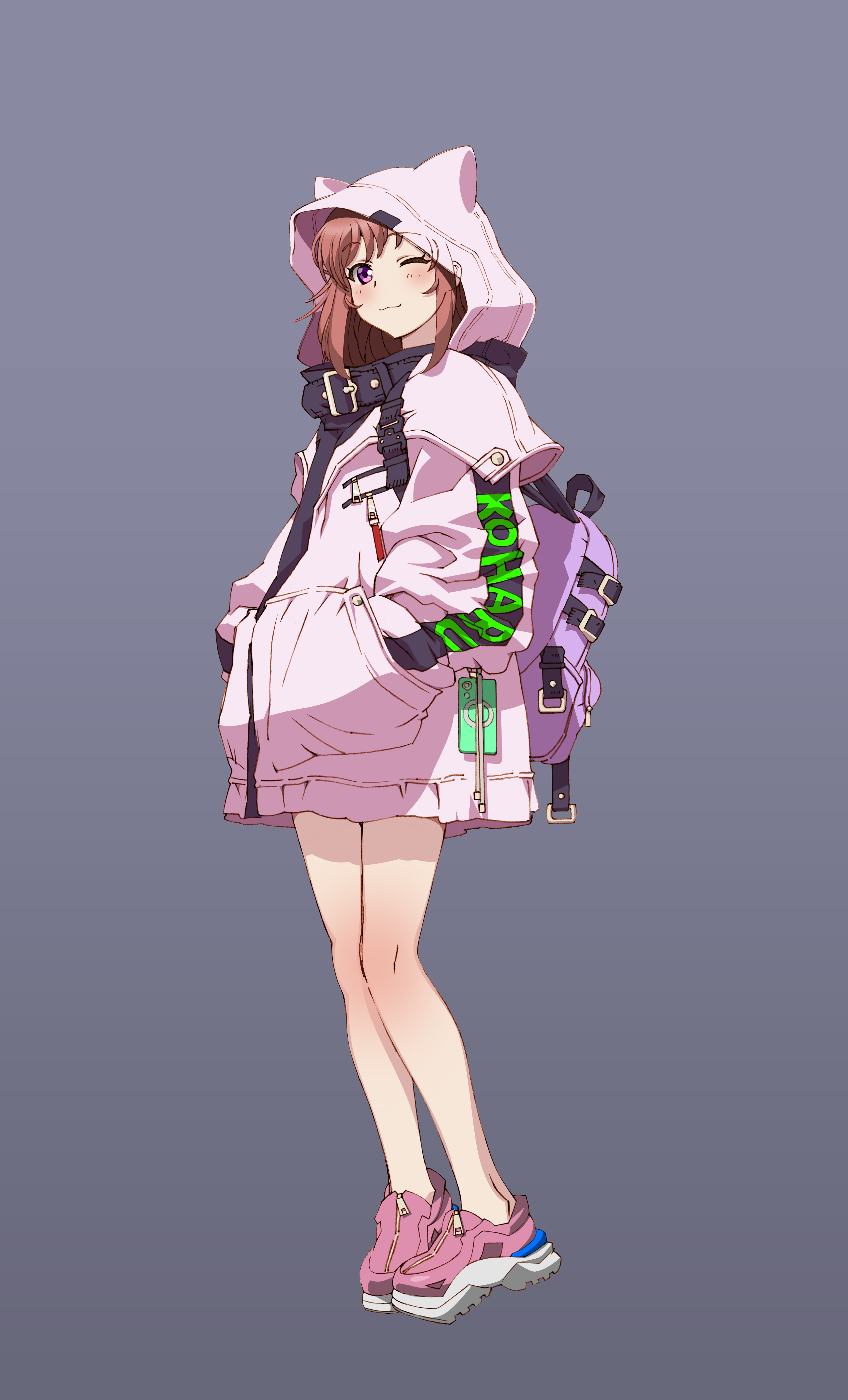 hamakawa shuujirou, indie virtual youtuber, absurdres, highres, variant set, 1girl, backpack, bag, brown hair, grey background, hands in pocket, hood, jacket, long hair, long sleeves, no socks, one eye closed, pink shoes, purple eyes, shoes, sneakers, solo, standing, virtual youtuber, zipper