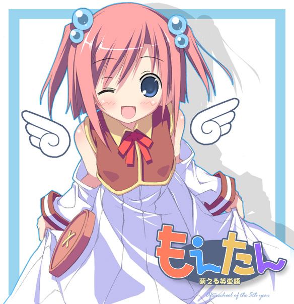 kantoku, nijihara ink, moetan, 00s, 1girl, blue eyes, buttons, detached sleeves, female focus, large buttons, one eye closed, open mouth, pink hair, short hair, solo, wings, wink