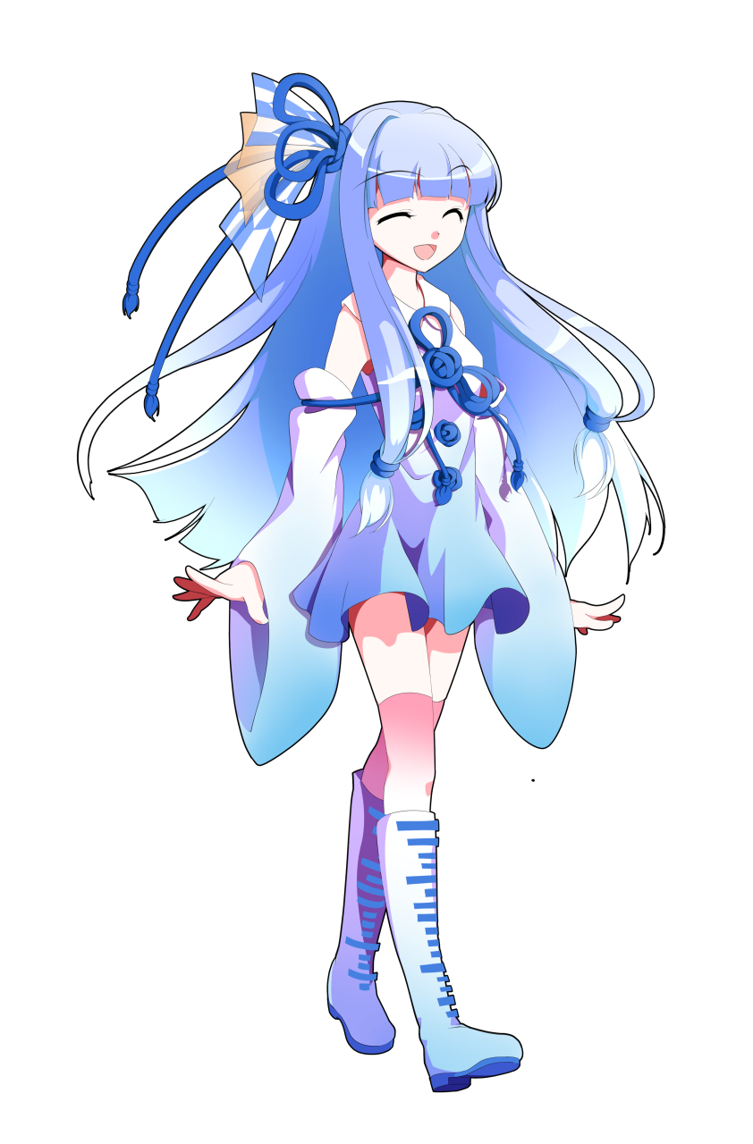 dairi, kotonoha aoi, voiceroid, commentary request, highres, large variant set, variant set, 1girl, blue hair, boots, breasts, detached sleeves, dress, full body, gradient boots, gradient clothes, gradient dress, hair ornament, hair ribbon, long hair, long sidelocks, long sleeves, pink thighhighs, ribbon, sidelocks, solo, tachi-e, tassel, thighhighs, transparent background, tress ribbon, very long hair, walking, wide sleeves