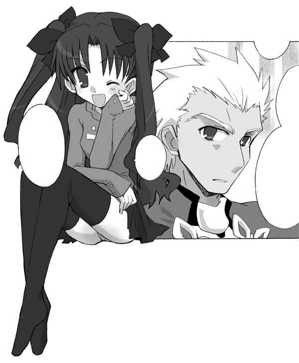 hizuki yayoi, archer (fate), tohsaka rin, fate/stay night, fate (series), 00s, 1boy, 1girl, greyscale, monochrome, thighhighs, transparent background, two side up, zettai ryouiki
