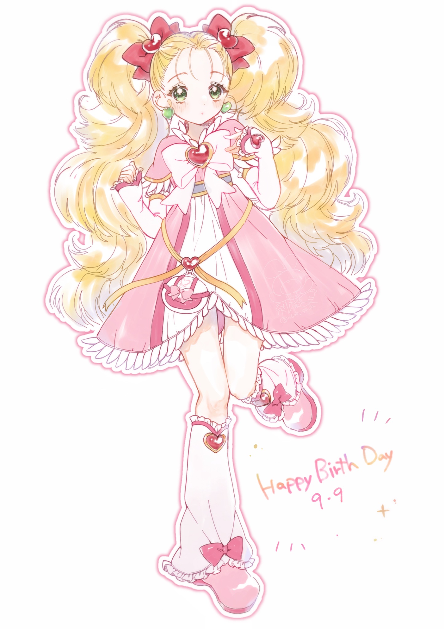 futaba sasa, kujou hikari, shiny luminous, futari wa precure, futari wa precure max heart, precure, commentary, highres, 1girl, :o, arm warmers, bangs pinned back, belt, birthday, blonde hair, blush, boots, bow, brooch, dress, earrings, english text, frilled arm warmers, frilled dress, frilled leg warmers, frilled sleeves, frills, green eyes, grey belt, hair bow, happy birthday, heart, heart brooch, heart earrings, jewelry, leg warmers, long hair, looking at viewer, magical girl, outline, pink boots, pink bow, pink dress, twintails, white arm warmers, white background, white bow, white leg warmers, white outline