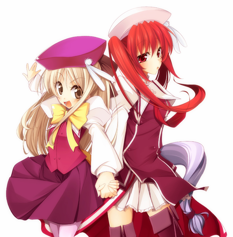 kawakami shuuichi, shu (artist), red legwear, 2girls, :d, beret, blonde hair, bow, bowtie, brown eyes, dress, hat, long sleeves, looking at viewer, multiple girls, open mouth, pink dress, pleated skirt, red eyes, red hair, school uniform, serafuku, shirt, skirt, smile, thighhighs, vest, white shirt, white skirt, yellow bow, yellow bowtie, zettai ryouiki