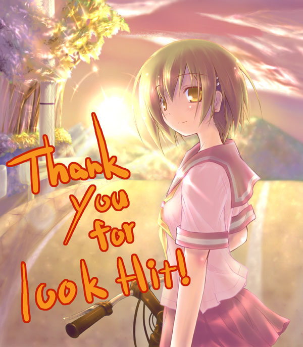 dousaki shin'ya, nanaca, nanaka (cross channel), cross channel, 1girl, female focus, milestone celebration, school uniform, serafuku, solo, sunset