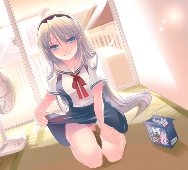 wemu (ivycrown), sakagami tomoyo, clannad, 00s, between thighs, clothes lift, devil blue, electric fan, hot, school uniform, serafuku, skirt, skirt lift, solo, thighs