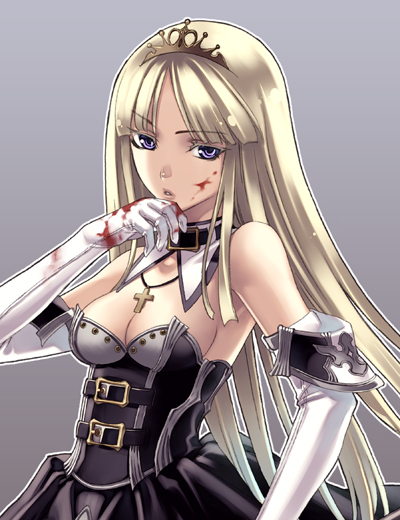 hirano katsuyuki, original, bare shoulders, blonde hair, blood, blood on face, elbow gloves, fantasy, gloves