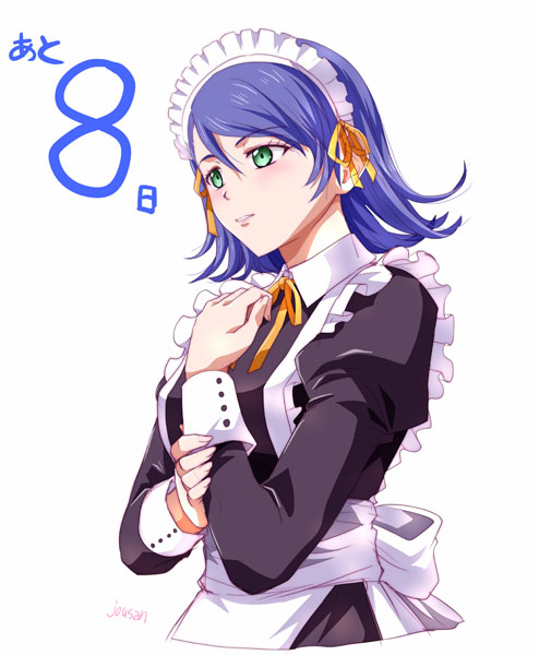 xiacheng tatsuya, lila (sora no kiseki), eiyuu densetsu, sora no kiseki, 1girl, artist name, back bow, blue hair, bow, countdown, dress, green eyes, hair between eyes, long sleeves, maid, maid headdress, parted bangs, ribbon, short hair, simple background, solo, upper body, white background