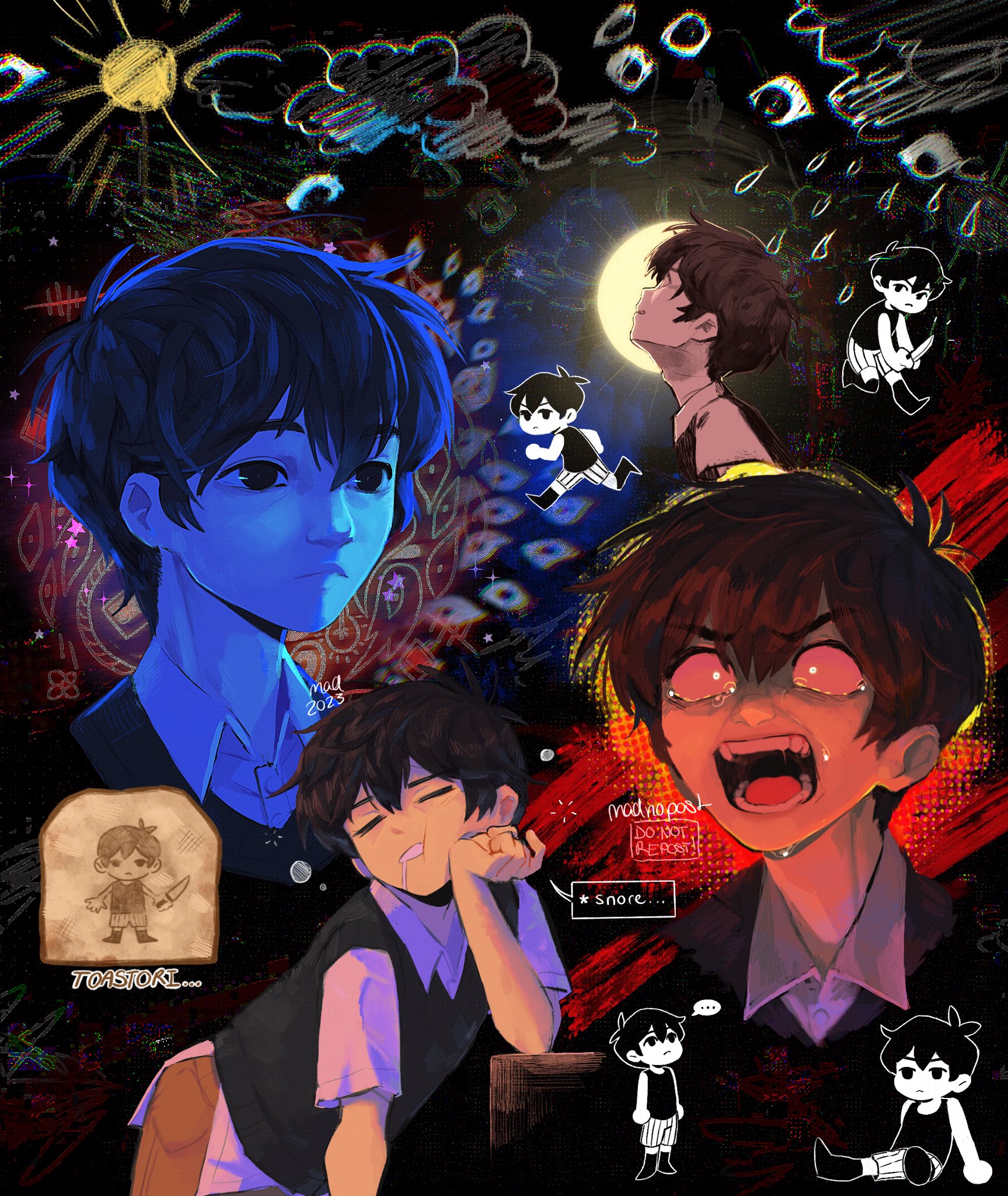 madnopost, omori (omori), something (omori), sunny (omori), omori, highres, …, 2023, 2boys, antenna hair, arm support, artist name, black eyes, black hair, black socks, black sweater vest, black tank top, bread, bread slice, brown shorts, chibi, closed mouth, collared shirt, colored skin, crying, crying with eyes open, double-parted bangs, drooling, dual persona, expressionless, food, holding, holding knife, knife, male focus, mouth drool, multiple boys, open mouth, shirt, short sleeves, shorts, sitting, socks, speech bubble, spoken ellipsis, striped clothes, striped shorts, sweater vest, tank top, tears, teeth, toast, tongue, vertical-striped clothes, vertical-striped shorts, white shirt, white shorts, white skin