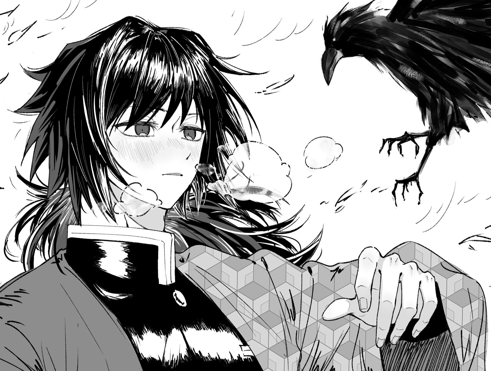 kanzaburou (kimetsu no yaiba), tomioka giyuu, kimetsu no yaiba, highres, 1boy, bird, black hair, black jacket, buttons, crow, demon slayer uniform, gold buttons, greyscale, haori, high collar, jacket, japanese clothes, kikkoumon, low ponytail, male focus, monochrome, nem yamm, parted lips, ponytail, print haori, solo, spiked hair, teeth, upper body, white background