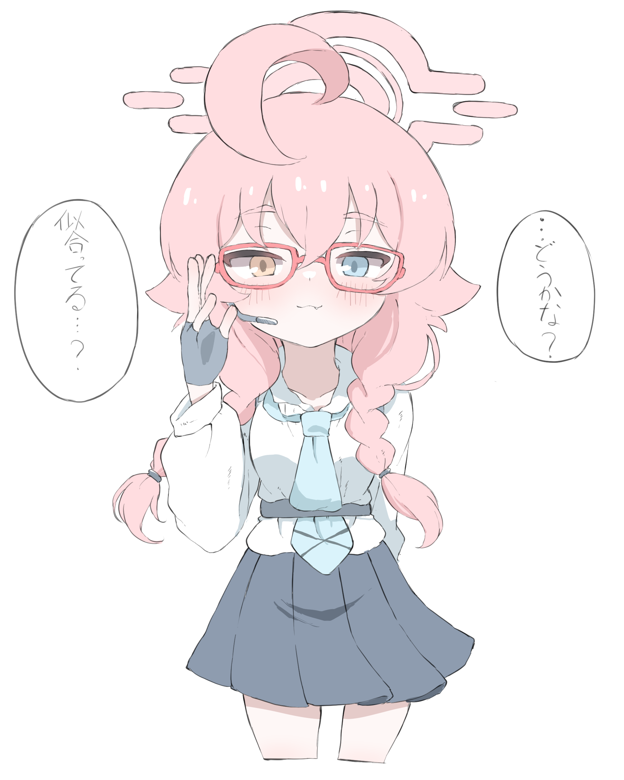 norippe (user zgsf8872), hoshino (blue archive), blue archive, absurdres, commentary request, highres, translation request, 1girl, :3, adjusting eyewear, ahoge, bespectacled, black gloves, black skirt, blue eyes, blue necktie, blush, brown eyes, closed mouth, collared shirt, cowboy shot, cropped legs, fang, fang out, fingerless gloves, glasses, gloves, hair between eyes, halo, hand up, heterochromia, looking at viewer, necktie, pink hair, pleated skirt, red-framed eyewear, shirt, simple background, skirt, solo, thick eyebrows, white background, white shirt