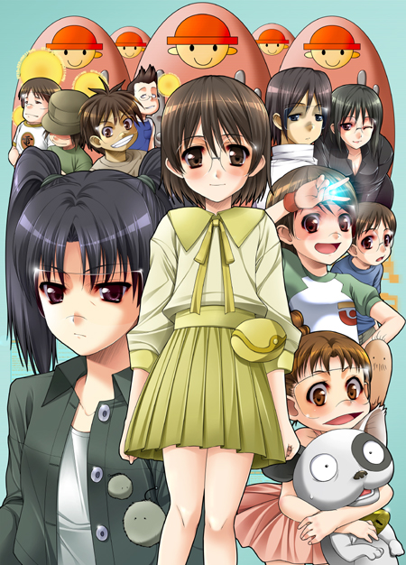 gaichi, yoshida inuhito, amasawa yuuko, denpa (dennou coil), densuke (dennou coil), gachagiri (dennou coil), harakawa ken'ichi, harakawa tamako, hashimoto akira, hashimoto fumie, mojo (dennou coil), namecchi (dennou coil), okonogi yuuko, sawaguchi daichi, searchmaton (dennou coil), dennou coil, visor, 00s, 5girls, 6+boys, brown hair, everyone, glasses, lightning bolt symbol, multiple boys, multiple girls, raglan sleeves, short hair, twintails