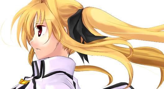 manose kikyou, fate testarossa, fate testarossa (impulse form), lyrical nanoha, mahou shoujo lyrical nanoha, mahou shoujo lyrical nanoha strikers, 00s, 1girl, blonde hair, female focus, from side, red eyes, solo, wind