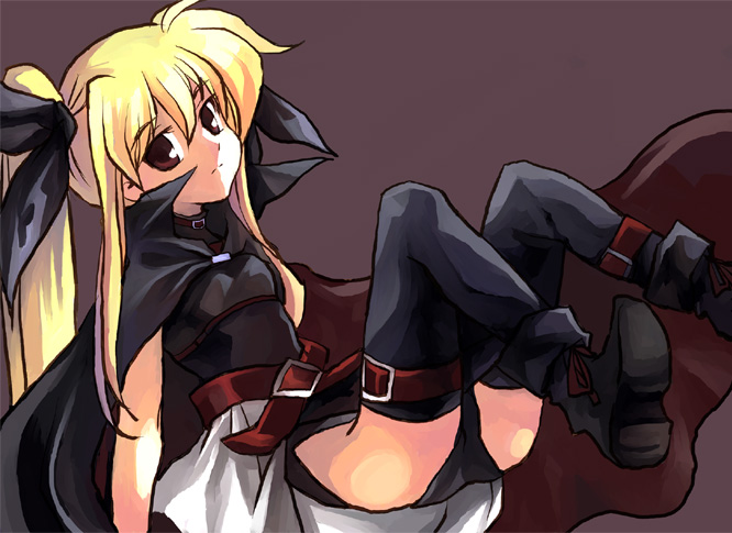 kouno hikaru, fate testarossa, fate testarossa (original form), lyrical nanoha, mahou shoujo lyrical nanoha, 00s, 1girl, belt, blonde hair, cape, female focus, magical girl, red eyes, solo, thighhighs, twintails