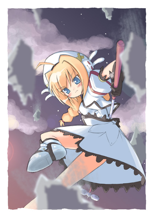 miaka (artist), salty (cherrypie), graf eisen, vita (nanoha), lyrical nanoha, mahou shoujo lyrical nanoha, mahou shoujo lyrical nanoha strikers, 00s, 1girl, ahoge, alternate color, braid, female focus, holding behind back, holding weapon behind back, solo, twin braids, unison (nanoha)