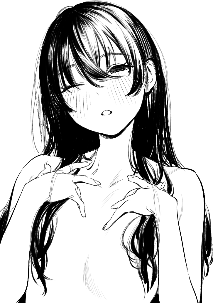 momokumo, original, 1girl, blush, d;, flat chest, hair censor, hair over breasts, hands on own chest, long hair, monochrome, nude, one eye closed, open mouth, parted lips, solo, upper body