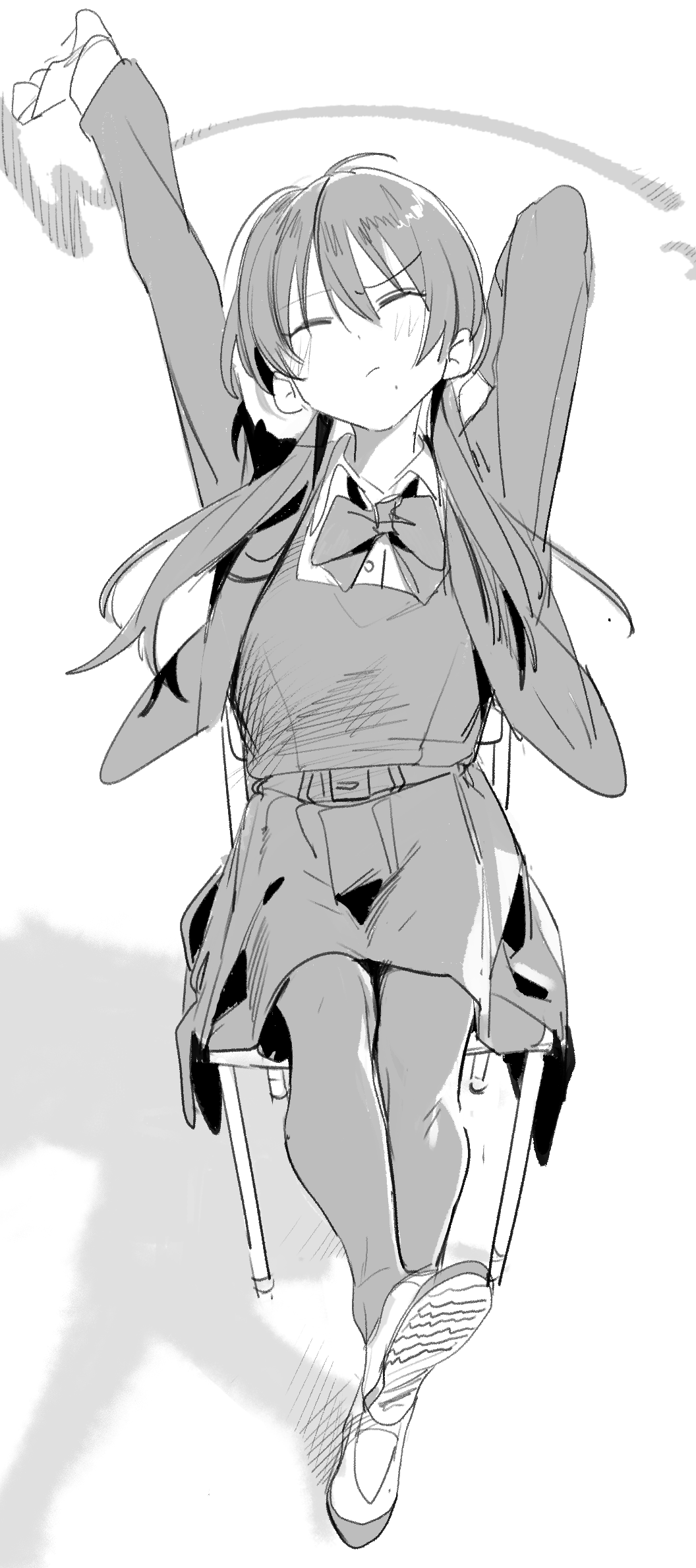 momokumo, original, highres, 1girl, bow, bowtie, chair, closed eyes, collared shirt, dress, dress shirt, greyscale, kunikida tomoe (momokumo), leg up, light frown, low twintails, mole, mole under mouth, monochrome, pantyhose, pinafore dress, school chair, school uniform, shirt, shoes, sitting, sketch, sleeveless, sleeveless dress, solo, sound effects, stretching, twintails, uwabaki