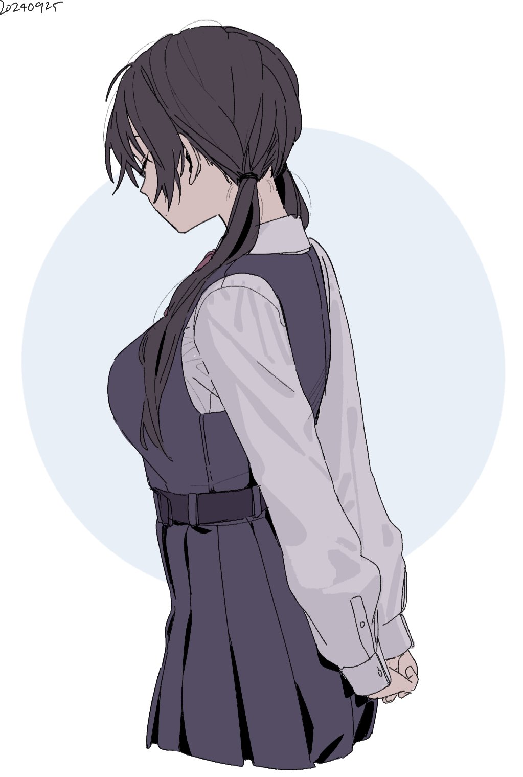 momokumo, original, highres, 1girl, arms behind back, belt, blue background, blue dress, closed eyes, cropped legs, dated, dress, from side, kunikida tomoe (momokumo), low twintails, mole, mole on cheek, own hands clasped, own hands together, pinafore dress, profile, romaji commentary, shirt, sleeveless, sleeveless dress, solo, twintails, white shirt