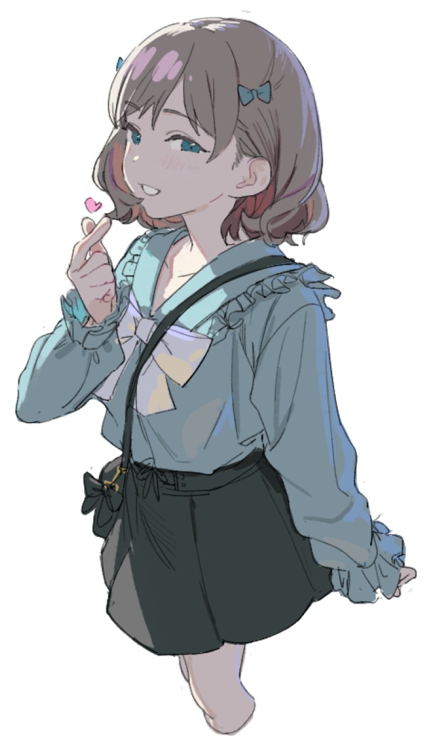 momokumo, tang keke, love live!, love live! superstar!!, highres, 1girl, alternate costume, bag, black bag, black skirt, blue eyes, blue shirt, brown hair, cropped legs, finger heart, frilled shirt, frills, grin, heart, jirai kei, long sleeves, multicolored hair, shirt, shoulder bag, simple background, skirt, smile, solo, streaked hair, white background