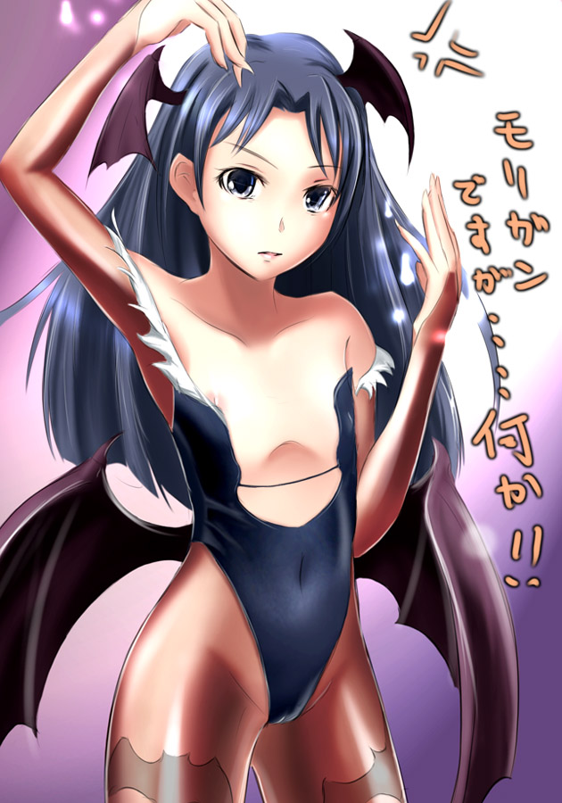 asaki yuki, kisaragi chihaya, morrigan aensland, capcom, darkstalkers, idolmaster, idolmaster (classic), idolmaster 1, translation request, 1girl, animal print, bat print, bat wings, blue eyes, blue hair, cameltoe, cosplay, female focus, flat chest, head wings, leotard, long hair, matching hair/eyes, morrigan aensland (cosplay), nipple slip, nipples, pantyhose, print pantyhose, solo, wings