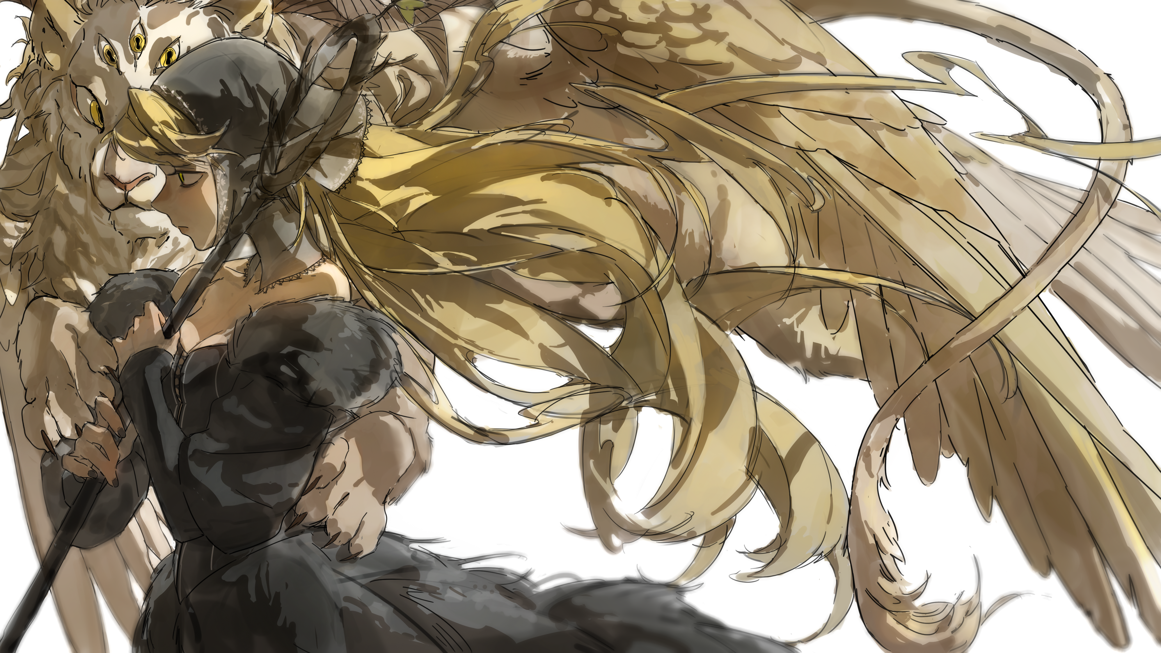 glaw, marcille donato, marcille donato (lord), winged lion (dungeon meshi), dungeon meshi, absurdres, commentary, highres, spoilers, 1girl, black dress, blonde hair, dress, extra eyes, feathered wings, green eyes, lion, long hair, white background, wings