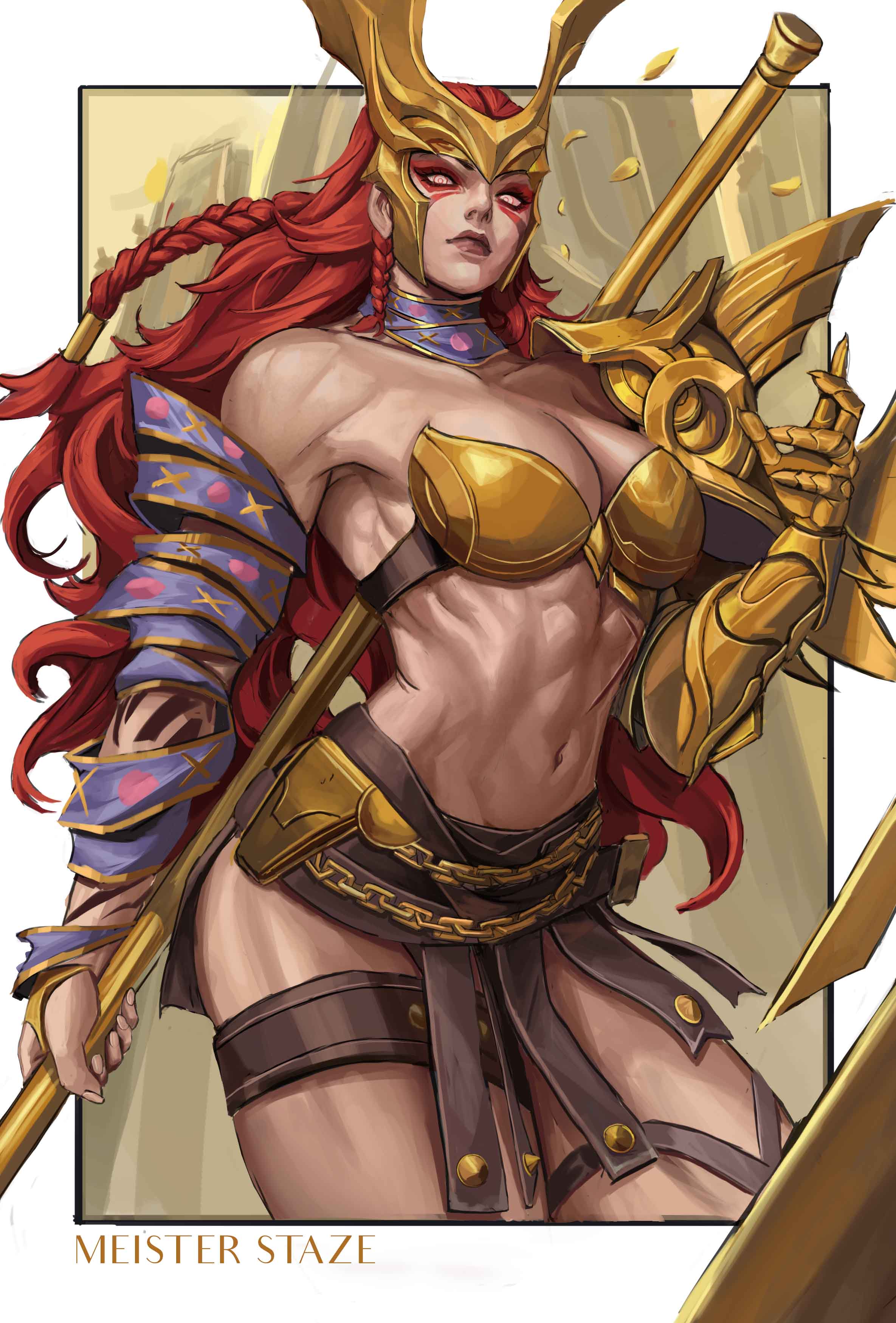 meister staze, angela (marvel), marvel, marvel rivals, absurdres, highres, 1girl, abs, armor, bodypaint, breasts, holding, large breasts, long hair, looking at viewer, metal bra, muscular, muscular female, navel, red hair, scar, scar on stomach, solo, weapon