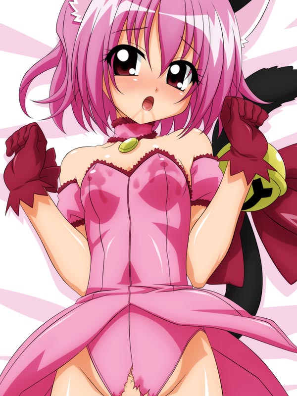 sugimura tomokazu, mew ichigo, momomiya ichigo, tokyo mew mew, 00s, 1girl, animal ears, arm garter, bed sheet, bell, blush, bow, breasts, cat ears, cat tail, choker, covered erect nipples, female focus, gloves, jingle bell, lactation, lactation through clothes, leotard, lying, magical girl, medium breasts, pink hair, red gloves, short hair, solo, tail, tail bell, tail bow, tail ornament, torn clothes