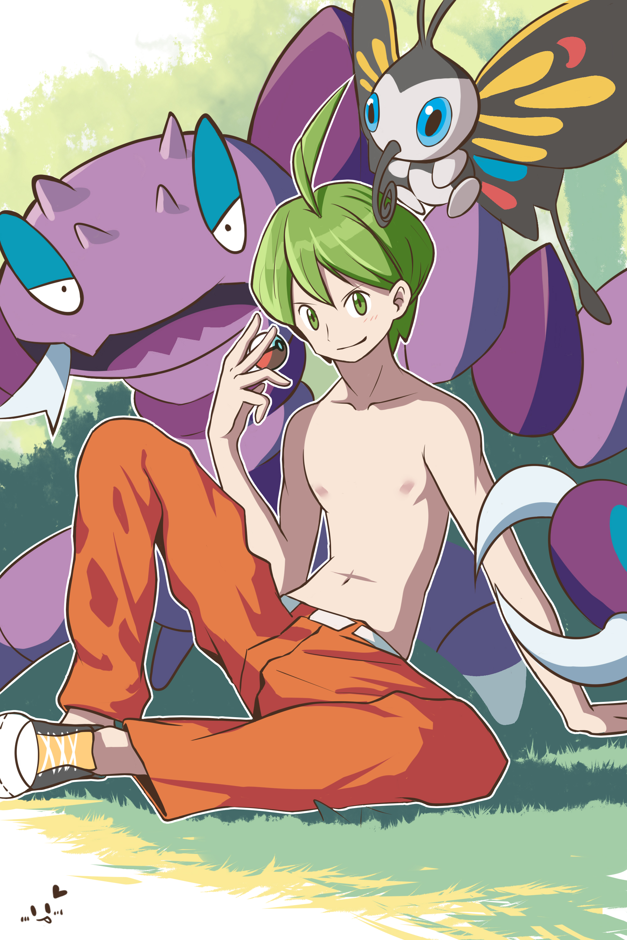 1091297946, aaron (pokemon), beautifly, drapion, nintendo, pokemon, pokemon dppt, absurdres, highres, 1boy, ahoge, antennae, butterfly wings, gen 3 pokemon, gen 4 pokemon, green eyes, holding, holding poke ball, insect wings, looking at viewer, male focus, orange pants, outline, pants, poke ball, poke ball (basic), pokemon (creature), sitting, topless male, white outline, wings