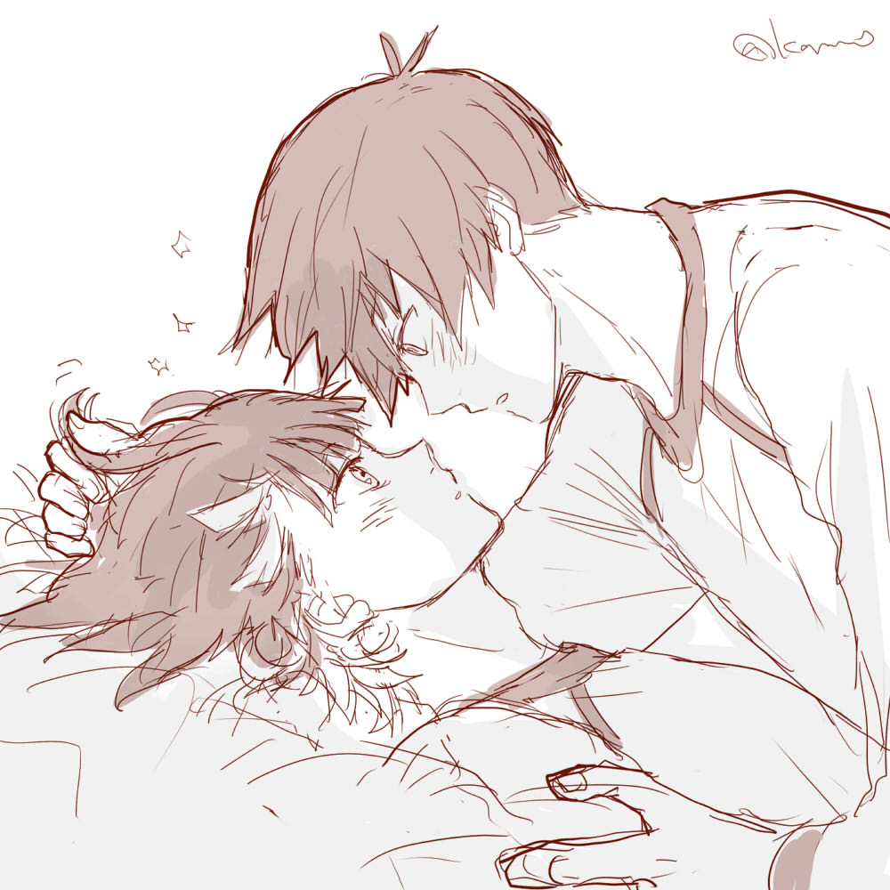 bachira meguru, blue lock, commentary request, 2boys, blush, closed mouth, greyscale, kamo yuzuponz, long sleeves, looking at another, lying, male focus, monochrome, multiple boys, on back, short hair, simple background, sketch, twitter username, white background, yaoi