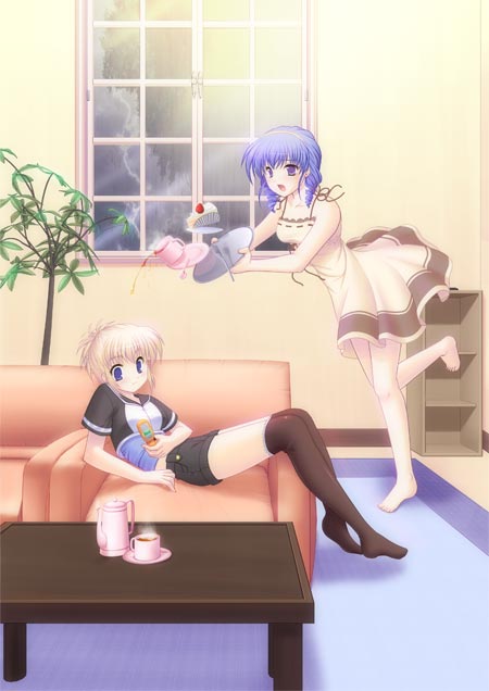 matsunami rumi, original, blonde hair, blue hair, coffee, purple eyes, purple hair, short hair, thighhighs, tripping