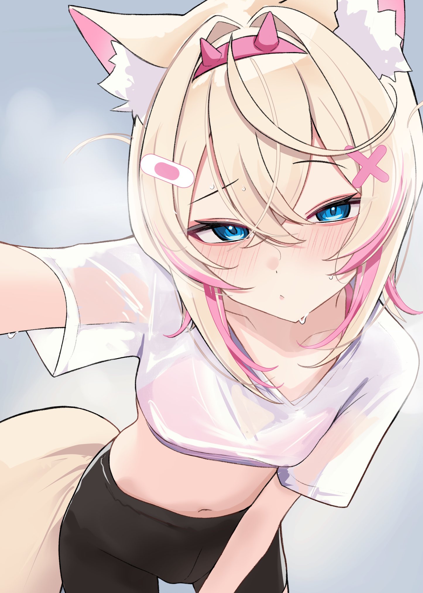 rifufu, mococo abyssgard, hololive, hololive english, highres, 1girl, animal ears, bandaid, bandaid hair ornament, black shorts, blonde hair, blue eyes, blush, bra, bra visible through clothes, breasts, closed mouth, dog ears, dog girl, dog tail, hair ornament, hairband, horn hairband, leaning forward, looking at viewer, navel, pink bra, pink hairband, pink streaks, shirt, shorts, small breasts, solo, steaming body, sweat, tail, underwear, virtual youtuber, white shirt, x hair ornament