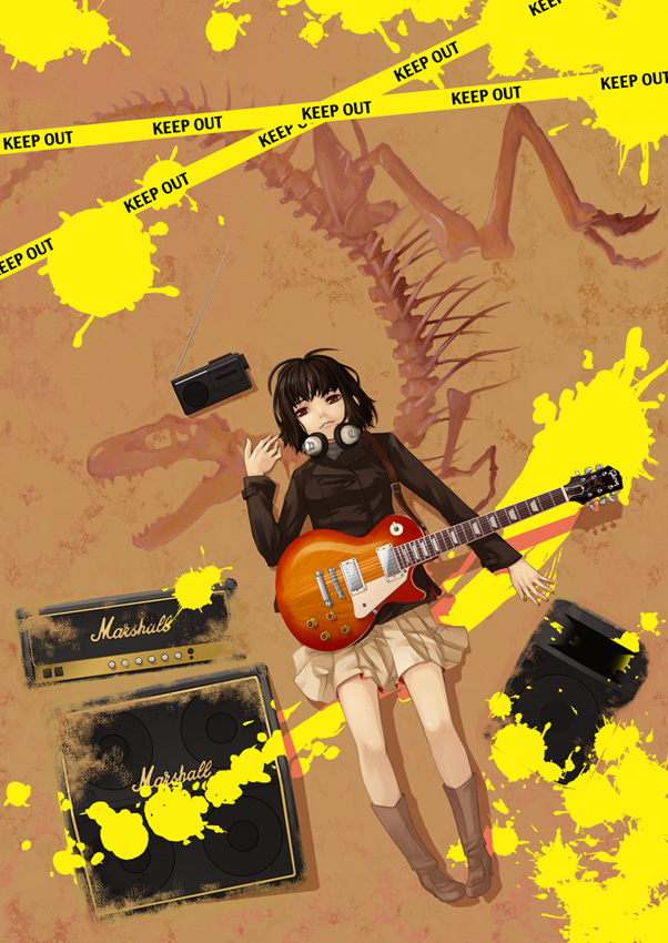 hamada youho, marshall, original, 1girl, amplifier, black hair, boots, caution tape, dinosaur, female focus, guitar, headphones, headphones around neck, instrument, jacket, keep out, legs, lying, on back, paint, radio, red eyes, skeleton, skirt, solo, speaker