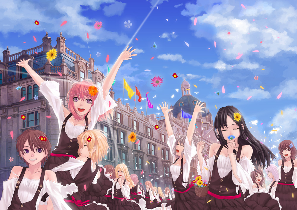hamada youho, original, 6+girls, bare shoulders, building, celebration, cloud, day, flag, flower, lens flare, multiple girls, petals, sky, smile