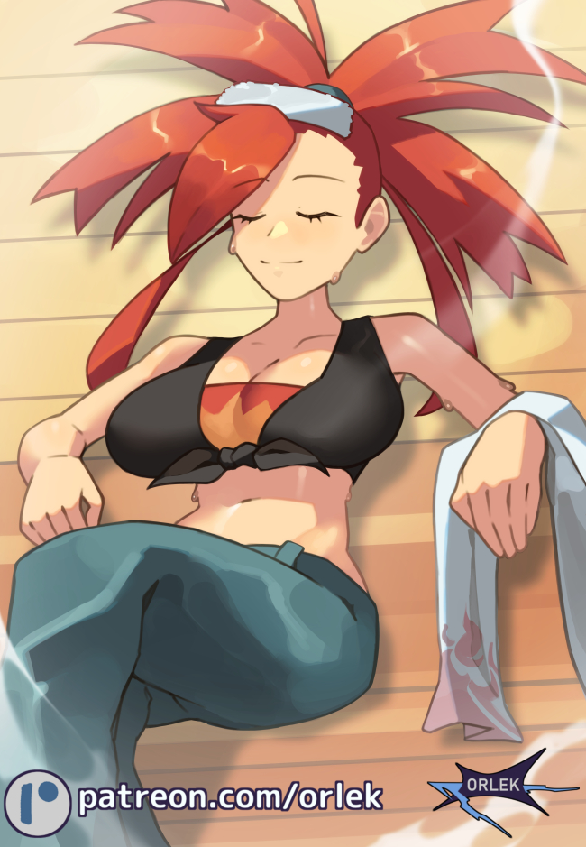 orlek, flannery (pokemon), nintendo, pokemon, pokemon oras, 1girl, bandeau, breasts, cleavage, closed eyes, closed mouth, collarbone, crop top, cropped shirt, denim, hair tie, indoors, jeans, large breasts, long hair, midriff, navel, pants, ponytail, red bandeau, red hair, sauna, shirt, sitting, smile, solo, steam, sweat, tied shirt, towel, towel on head, wide ponytail