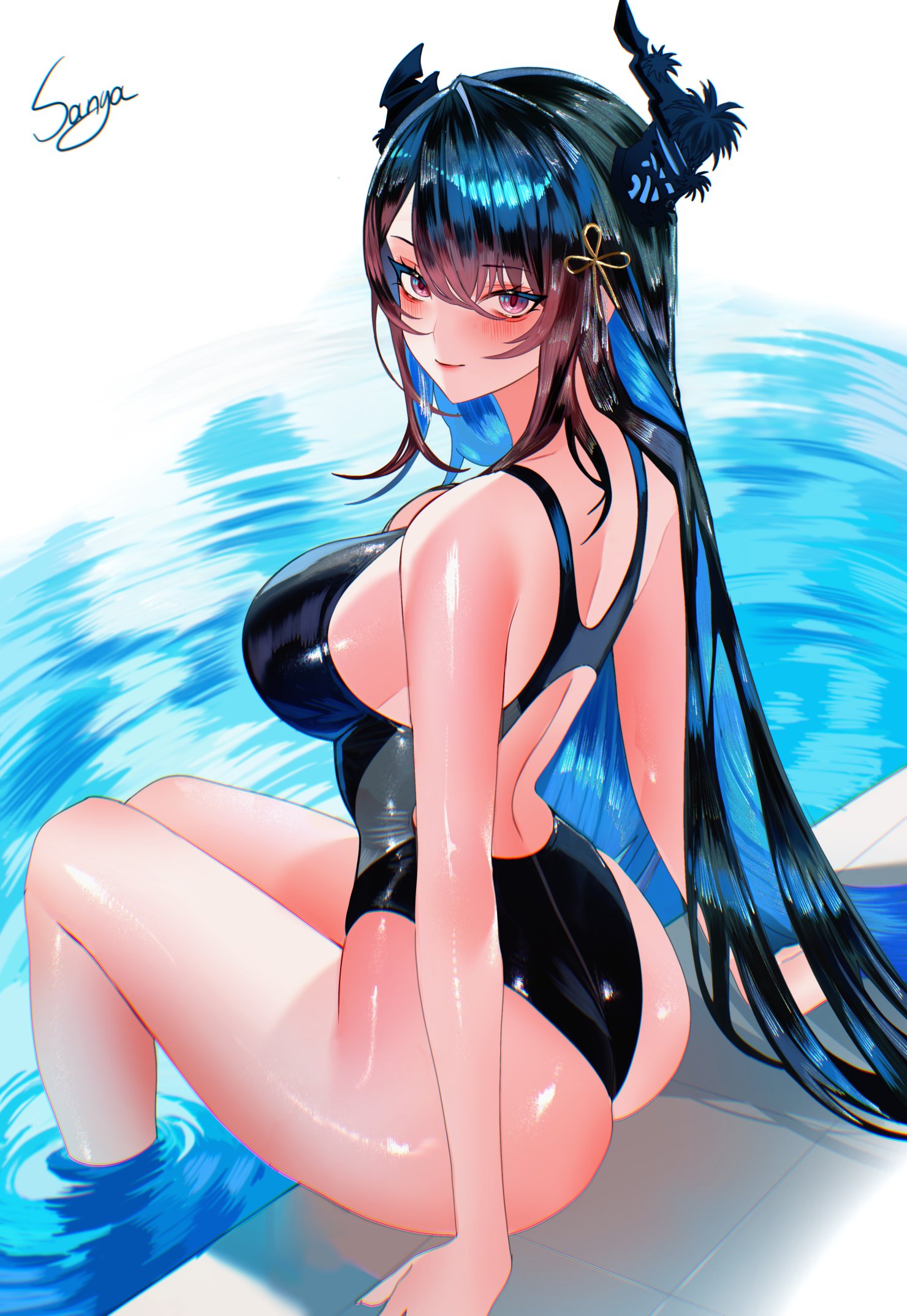 sanya (sanya lox228), nerissa ravencroft, hololive, hololive english, highres, 1girl, alternate costume, artist name, ass, asymmetrical horns, black hair, black horns, black one-piece swimsuit, blue hair, breasts, closed mouth, colored inner hair, horns, large breasts, looking at viewer, multicolored hair, one-piece swimsuit, pool, poolside, red eyes, sitting, soaking feet, solo, swimsuit, virtual youtuber, water