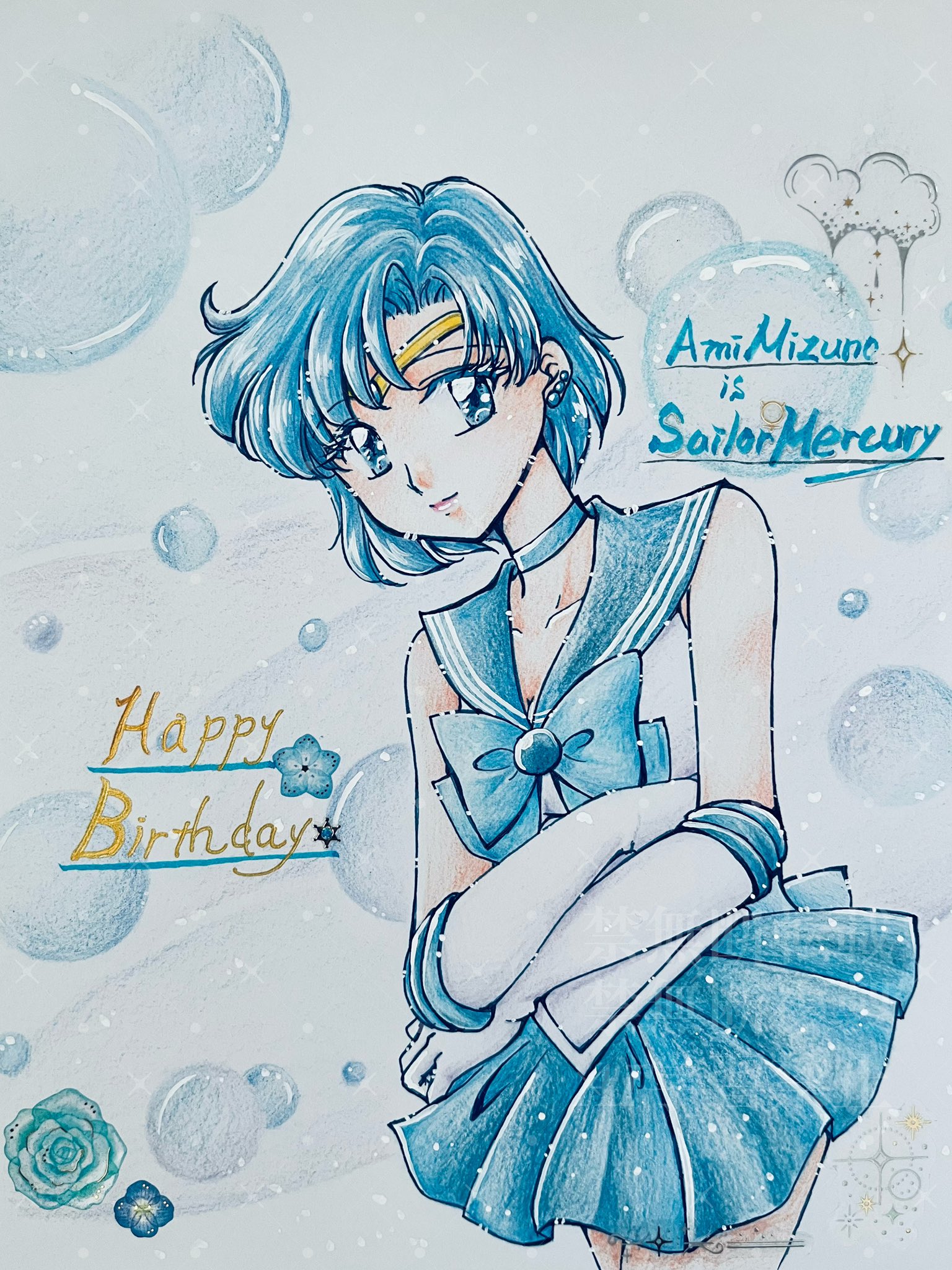 mizuno ami, sailor mercury, bishoujo senshi sailor moon, highres, traditional media, back bow, blue choker, blue eyes, blue flower, blue hair, blue rose, blue sailor collar, blue skirt, bow, bubble, character name, choker, circlet, crossed arms, earrings, flower, gloves, happy birthday, jewelry, lips, magical girl, rose, sailor collar, sailor senshi uniform, short hair, skirt, stud earrings, white gloves, x keito x