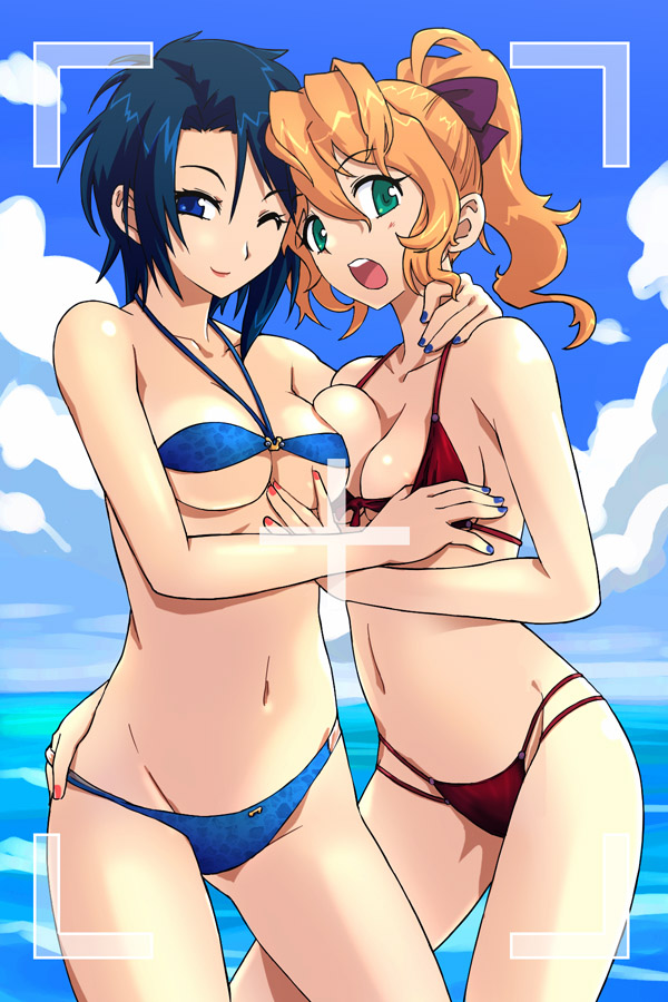 michael f91, original, 2girls, areola slip, bare shoulders, bikini, blue eyes, blue hair, blush, breast press, breasts, cloud, day, embarrassed, green eyes, hair ribbon, hug, looking at viewer, medium breasts, midriff, multiple girls, nail polish, navel, ocean, one eye closed, open mouth, orange hair, ponytail, ribbon, short hair, shy, sky, smile, swimsuit, symmetrical docking, underboob, viewfinder, wink, yuri