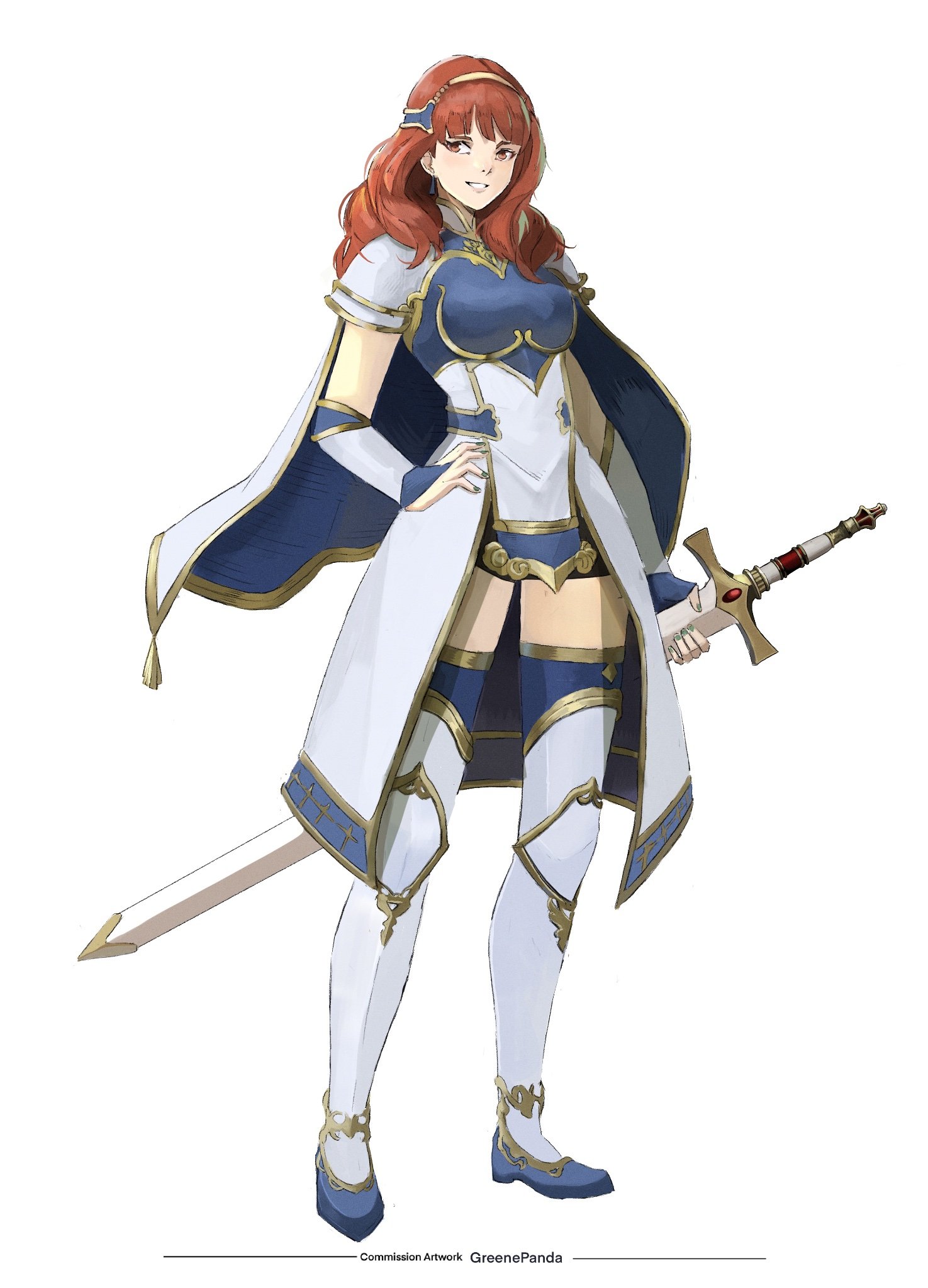 rod langhi, celica (fire emblem), fire emblem, fire emblem echoes: shadows of valentia, fire emblem heroes, nintendo, highres, 1girl, arm guards, armor, blue cape, blue dress, blue thighhighs, boots, breasts, cape, dress, earrings, hairband, jewelry, long hair, looking at viewer, medium breasts, open mouth, red eyes, red hair, sheath, sheathed, short sleeves, simple background, smile, solo, sword, thigh boots, thighhighs, weapon, white background, white cape, white dress