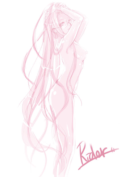 medusa (fate), medusa (rider) (fate), fate/stay night, fate (series), 00s, monochrome, nude, sketch, solo