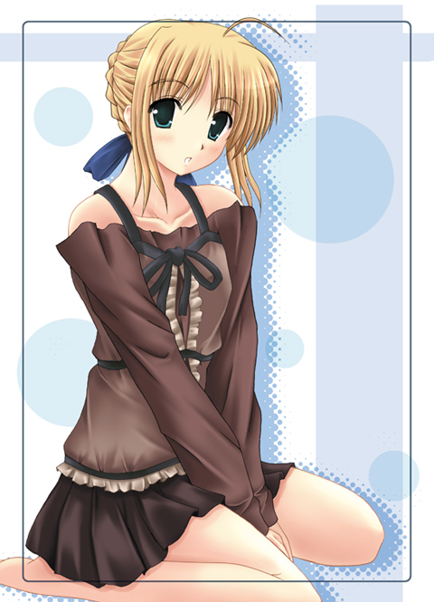 aikawa fuugetsu, artoria pendragon (fate), saber (fate), fate/stay night, fate (series), 00s, 1girl, ahoge, bare legs, barefoot, between legs, blonde hair, blush, border, collarbone, female focus, full body, green eyes, hand between legs, long sleeves, looking at viewer, official alternate costume, short hair, sidelocks, sitting, solo, wariza