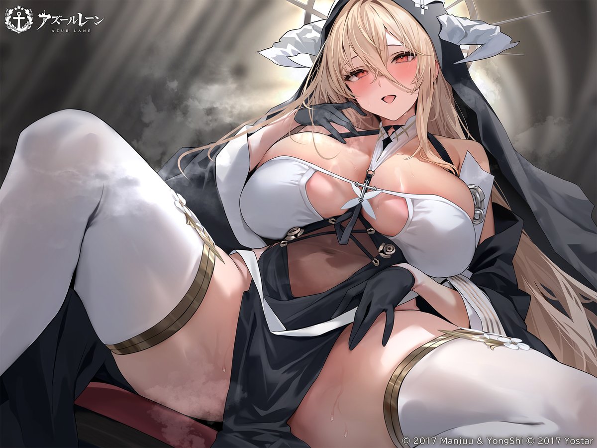 implacable (azur lane), azur lane, artist request, official art, 1girl, between breasts, black gloves, black veil, blonde hair, blush, breast cutout, breasts, coif, copyright name, covered navel, crossed bangs, fake horns, gloves, hair between eyes, half gloves, hand up, horns, huge breasts, long bangs, long hair, long hair between eyes, looking at viewer, nun, open mouth, pelvic curtain, red eyes, revealing clothes, sitting, skindentation, solo, spread legs, thighhighs, thighs, veil, very long hair, white horns, white thighhighs