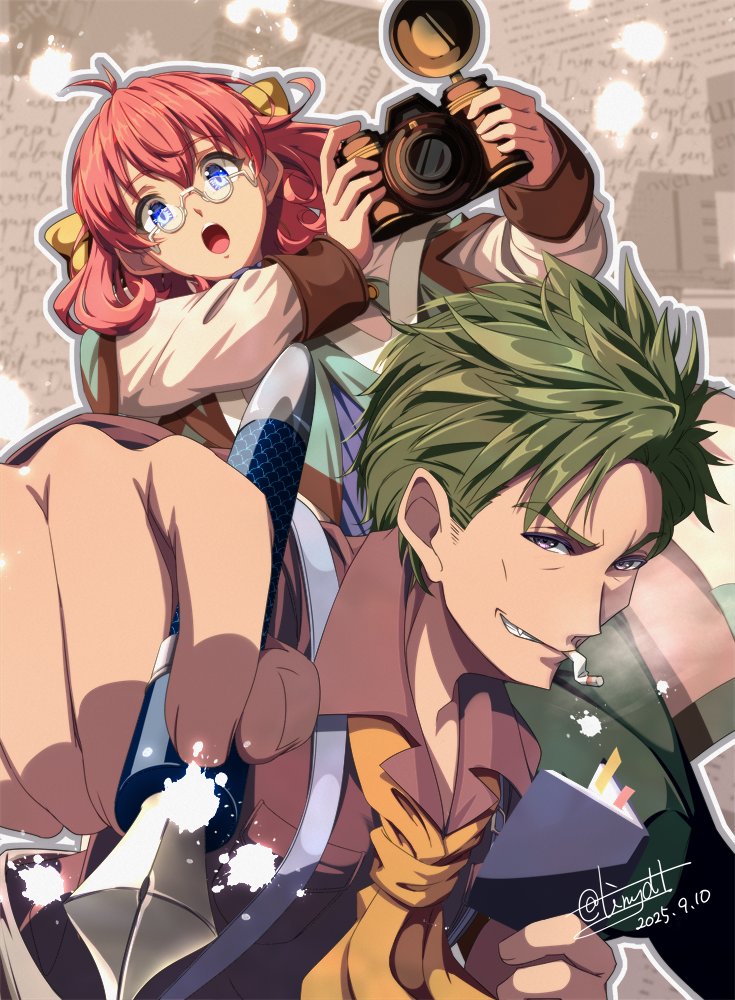 tinybiard, eiyuu densetsu, sora no kiseki, 1boy, 1girl, ahoge, camera, dated, dorothy hyatt, grin, hair slicked back, holding, holding camera, holding notepad, holding pen, loose necktie, necktie, nial burns, nib pen (object), notepad, open mouth, pen, pink hair, short hair, signature, smile, twitter username, yellow necktie