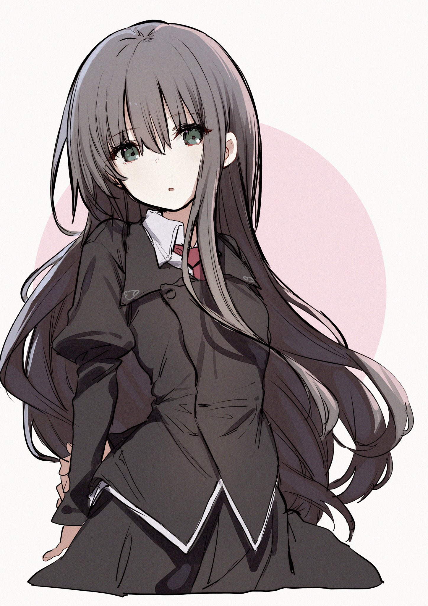 momokumo, natsume ai, sakura no uta, highres, 1girl, black eyes, black hair, black jacket, black skirt, chestnut mouth, collared shirt, cropped legs, hand on own wrist, jacket, juliet sleeves, long sleeves, necktie, pink background, puffy sleeves, red necktie, school uniform, shirt, skirt, solo, white shirt