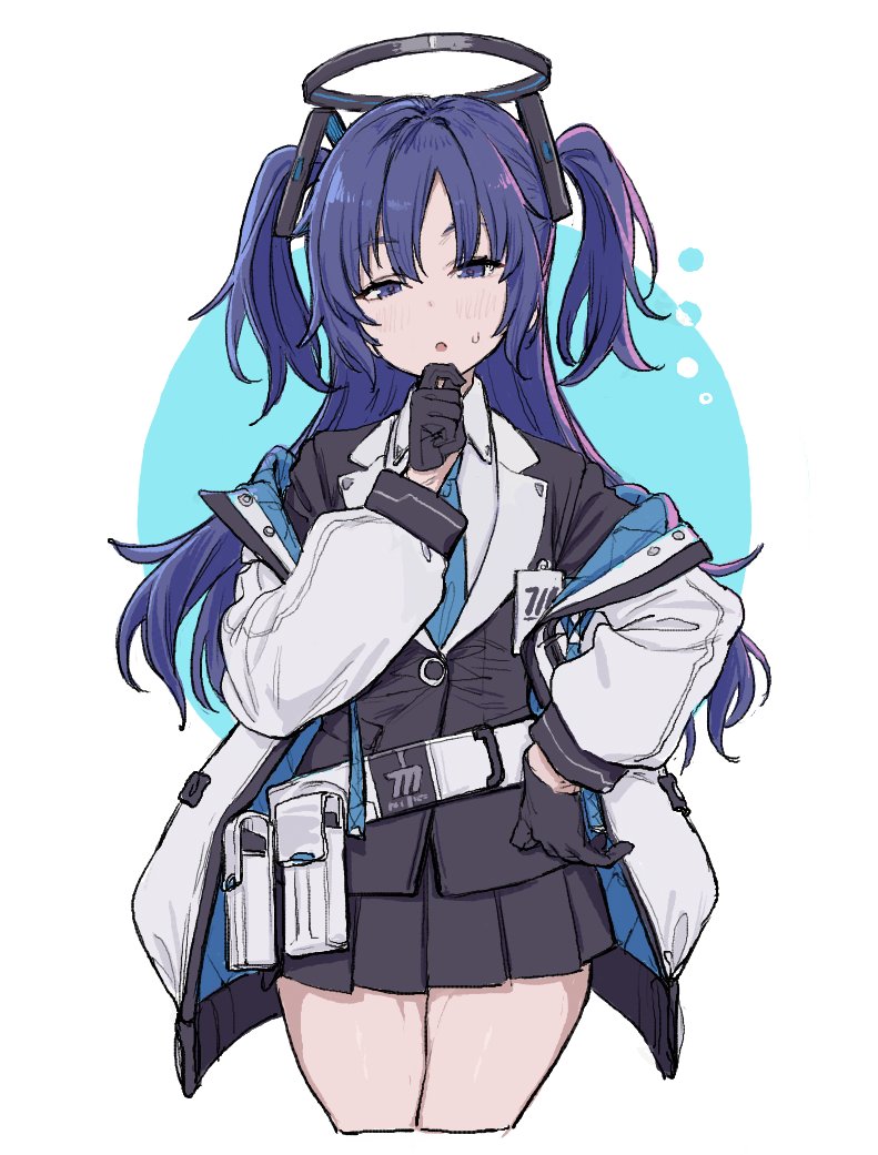 momokumo, yuuka (blue archive), blue archive, 1girl, :o, belt, belt pouch, black gloves, black jacket, black skirt, blazer, blue background, blue necktie, coat, cropped legs, gloves, hand on own chin, jacket, necktie, open clothes, open coat, pleated skirt, pouch, purple eyes, purple hair, skirt, small sweatdrop, solo, two side up, white coat
