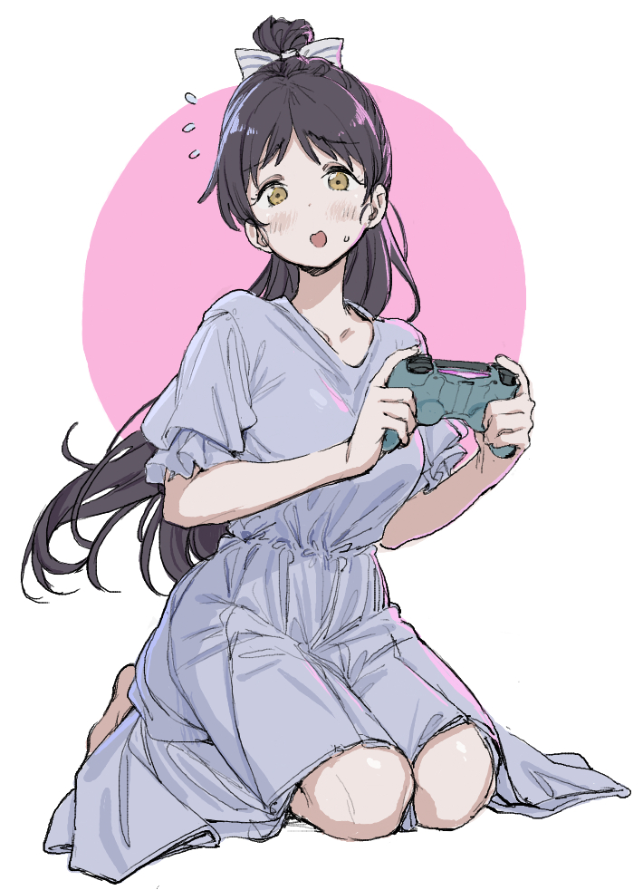 momokumo, hazuki ren, love live!, love live! superstar!!, 1girl, :d, blue dress, blush, bow, collarbone, controller, dress, floating hair, flying sweatdrops, game controller, gamepad, hair bow, holding, holding controller, holding game controller, open mouth, pink background, ponytail, seiza, sitting, small sweatdrop, smile, solo