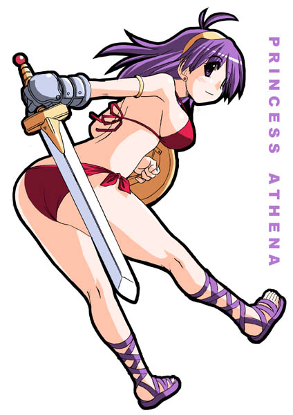 tonpuu, princess athena, athena (series), snk, 1girl, ass, bikini, boots, breasts, character name, female focus, full body, gauntlets, gladiator sandals, hairband, holding, holding sword, holding weapon, lace-up boots, long hair, outline, purple boots, purple hair, red bikini, sandals, shield, simple background, solo, swimsuit, sword, weapon, white background