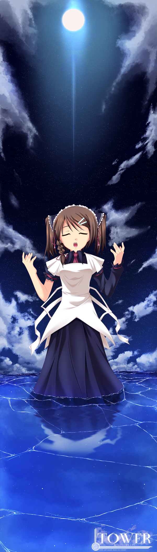 kirise mitsuru, original, highres, long image, tall image, 1girl, female focus, maid, moon, music, night, night sky, singing, sky, solo, wading, water