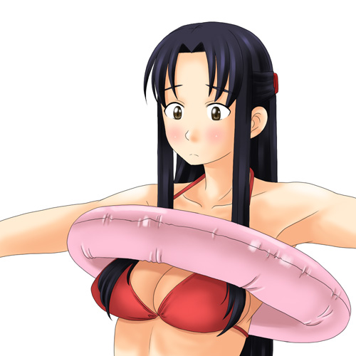 toshifumi, hosokawa kanako, maria-sama ga miteru, lowres, 00s, 1girl, bikini, breasts, cleavage, female focus, half updo, innertube, solo, swim ring, swimsuit